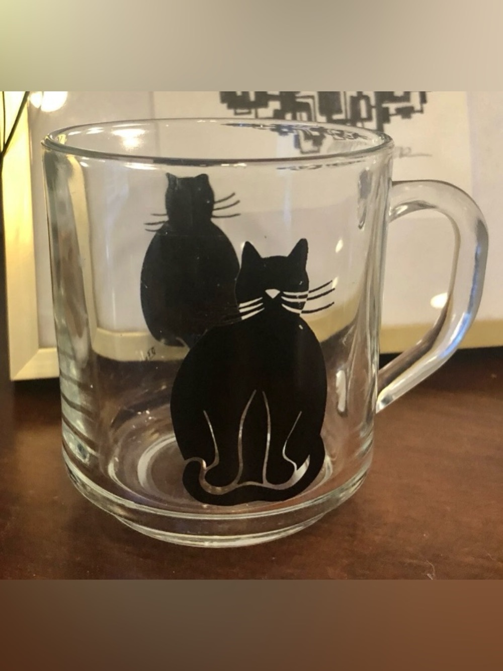 VTG Clear Glass Coffee Mug Double Sided Front Back Black Cat USA
